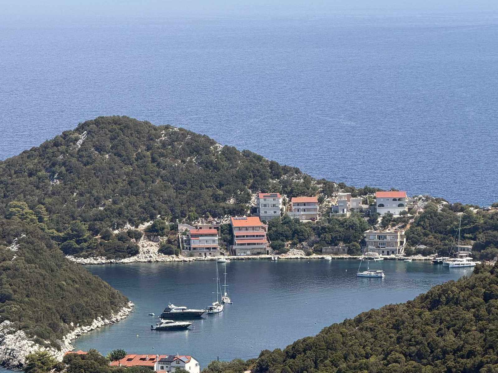 A bay with sailing boats below a wooded slope